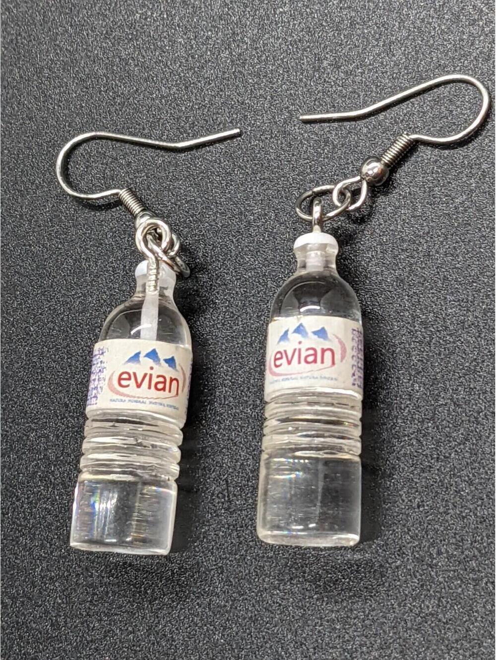 Evian Mineral Water Bottle Dangle Hydrate Statement Earrings Transparent Acrylic